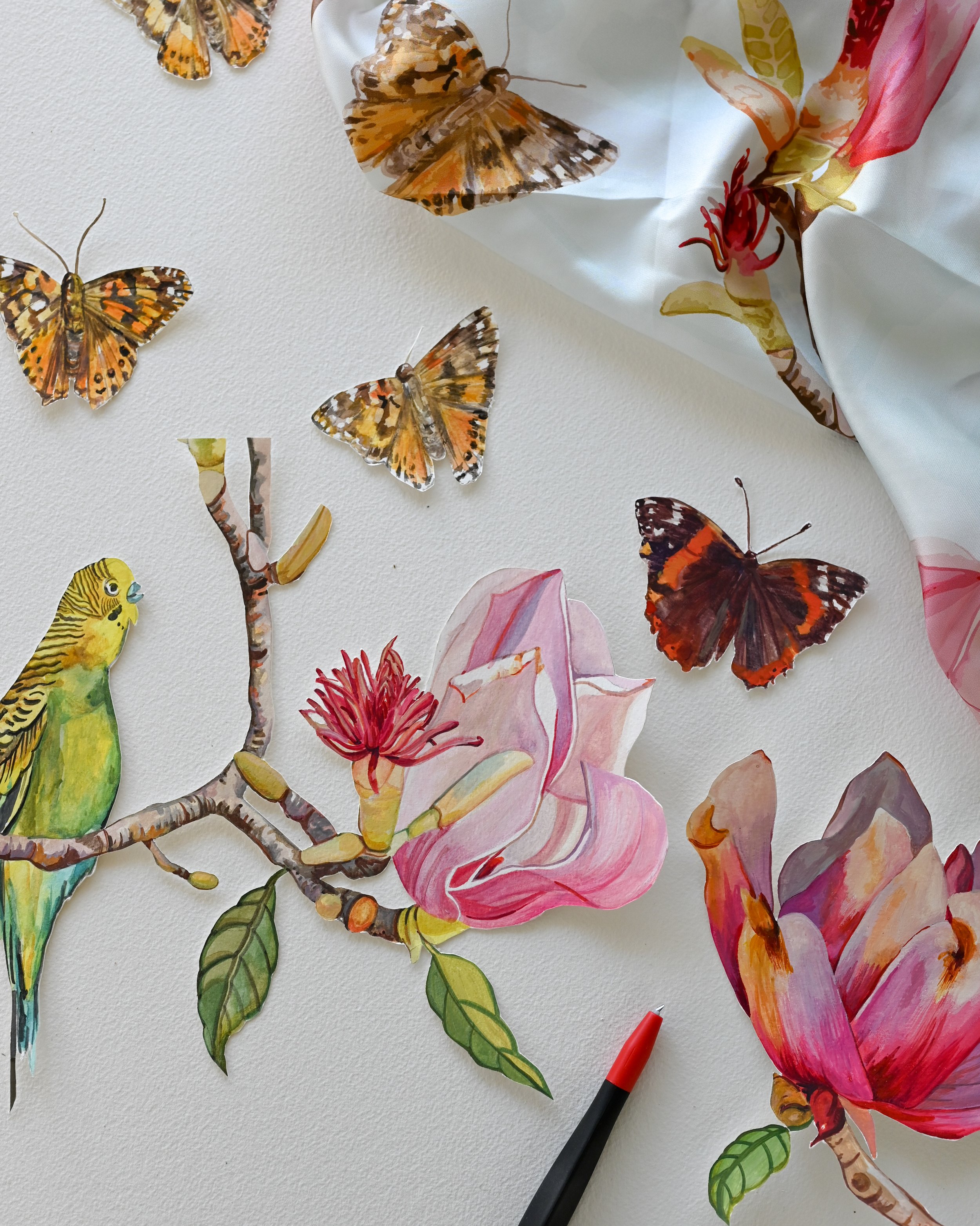 Japanese Magnolia Scarf | Limited-Edition Hand-Painted Colorful